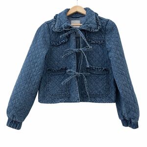 Avec Les Filles Quilted Denim Tie-Front Jacket Small Ruffle Collar